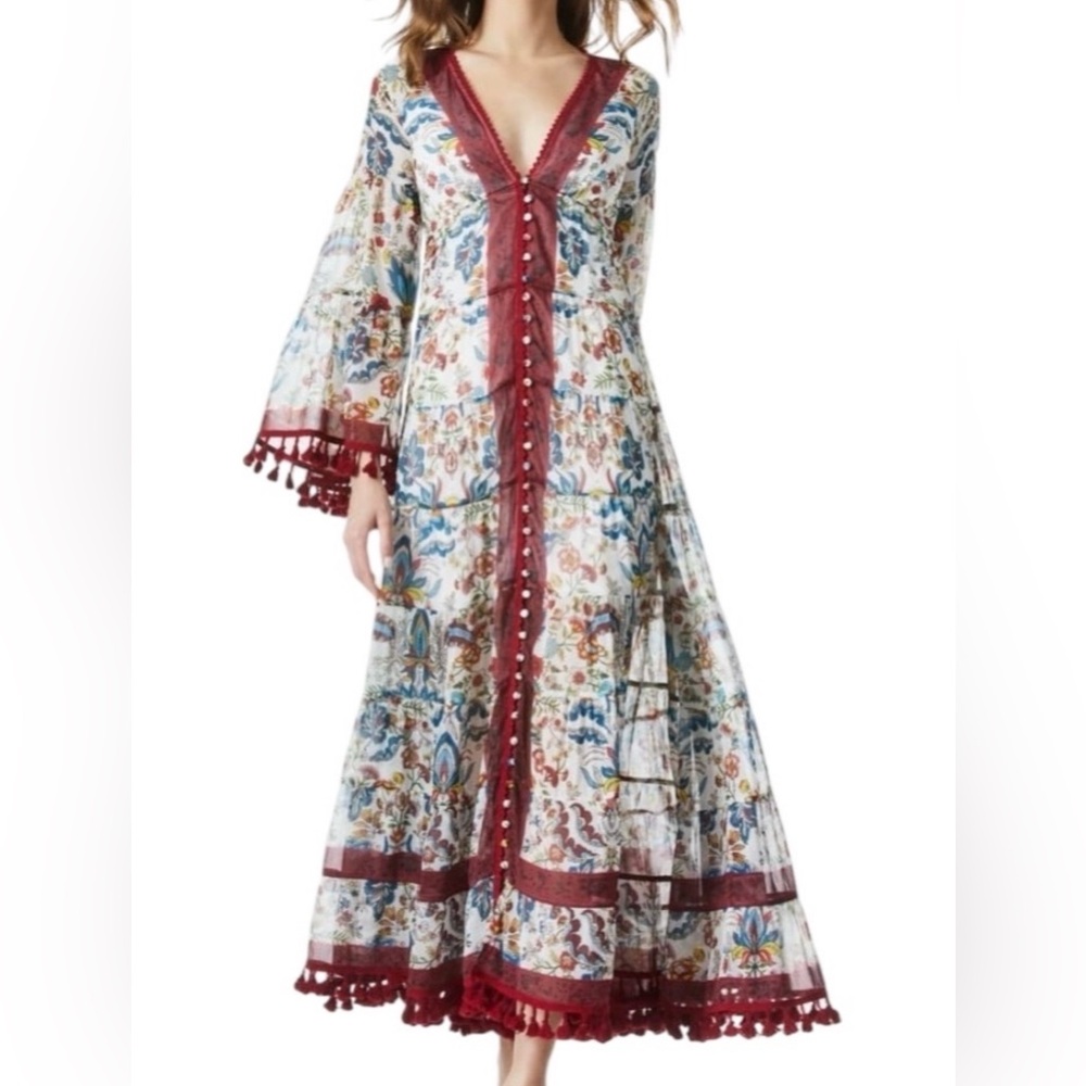 Alice + Olivia Alexandria Floral 3/4 Flare Sleeves V-Neck Open Back Maxi Dress